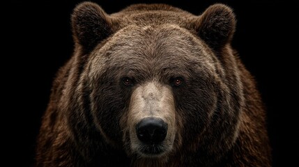 Fototapeta premium A close-up portrait of a brown bear against a black background, looking directly at the camera.
