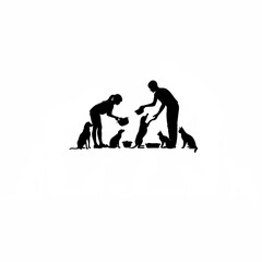 Silhouette of volunteers feeding rescued animals on white background