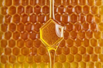 Golden Honey Dripping from Honeycomb A Close-Up View