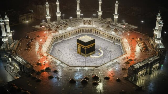 Aerial View of Mecca's Grand Mosque and the Holy Kaaba, a beacon of islamic faith and unity