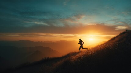 A lone runner silhouetted against a vibrant sunrise on a dew-kissed mountain trail, mid-stride, capturing a sense of freedom and energy. Cinematic lighting, wide angle.
