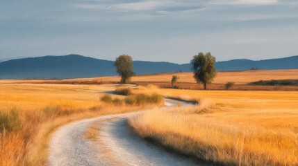 Fototapeta premium rural landscape in pastel colors. A gravel road winds through a golden field, leading to lonely trees on the horizon. In the distance you can see the blurred contours of the hills,