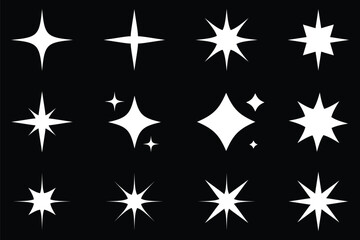 Stars set, sparkle icons collection. Set star abstract shapes. vector design for poster, card, banner. star sparkle icon. vector illustration on black background.