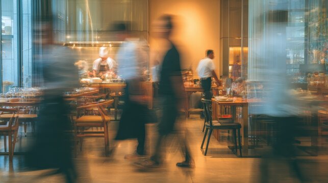 Blurred customers walking fast movement in coffee shop or cafe restaurant, light cream, Blurred restaurant background with some people and chefs and waiters working
