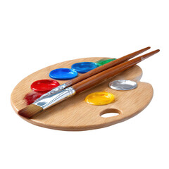 Wooden Artist Palette Paintbrushes Red Blue Yellow Green isolated on a transparent background