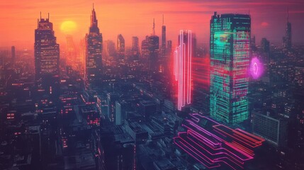 Futuristic cityscape at sunset with illuminated skyscrapers.