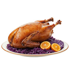Roasted goose with red cabbage and oranges on a white plate  to St. Martin's Day