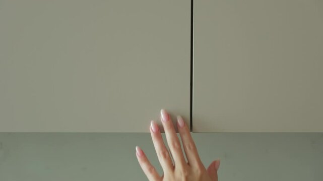 Woman closing kitchen cabinet. Modern furniture at home, storage design