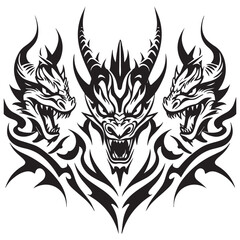 Naklejka premium Three fierce black tribal dragon heads with sharp teeth and horns on a white background