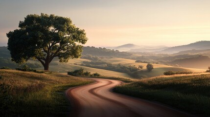 Fototapeta premium A winding dirt road meanders through a golden field with a large tree on the left, set against rolling hills under a soft, glowing sunrise or sunset sky.