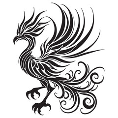 Obraz premium Stylized black tribal phoenix with flowing wings and tail on a white background