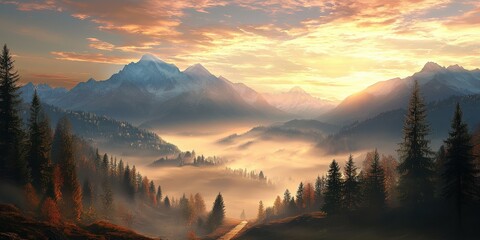 Fototapeta premium A breathtaking sunrise illuminates foggy mountain peaks and a dense forest, creating a serene and mystical natural landscape.