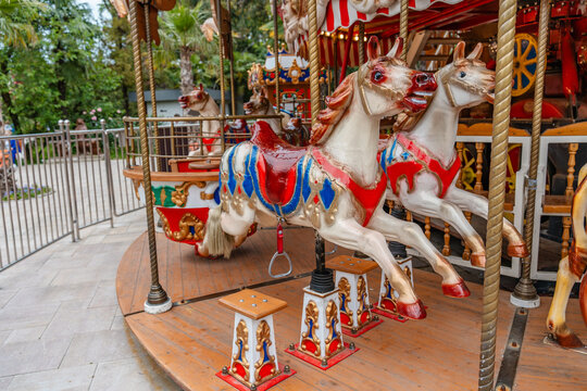 Sochi, Russia - 8 June 2025: Beautiful horse carousel at the amusement park