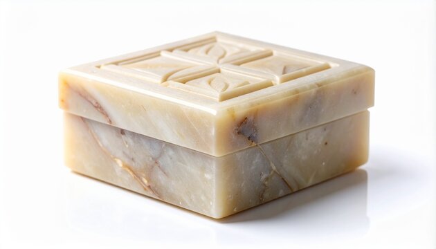 Carved Soapstone Box with Natural Veining on White Background
