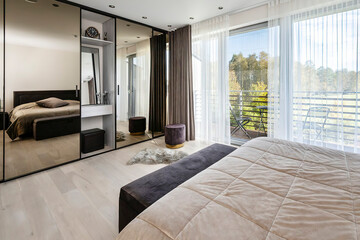 Modern luxury bedroom interior in minimal scandinavian style, 3d render