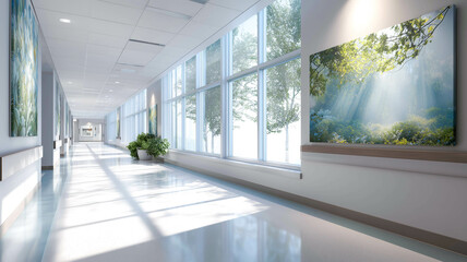 Bright modern medical center hallway with sunlight and calming decor elements
