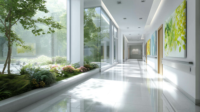 Bright modern medical center hallway with sunlight and calming decor elements - Powered by Adobe