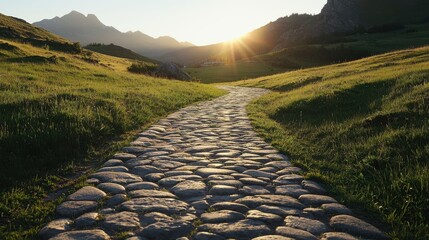 A cobblestone path winds through green hills toward distant mountains under a setting sun, creating a serene and picturesque natural landscape.