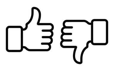minimal black thumbs up and thumbs down icons set, vector feedback symbols representing approval and disapproval gestures on white background