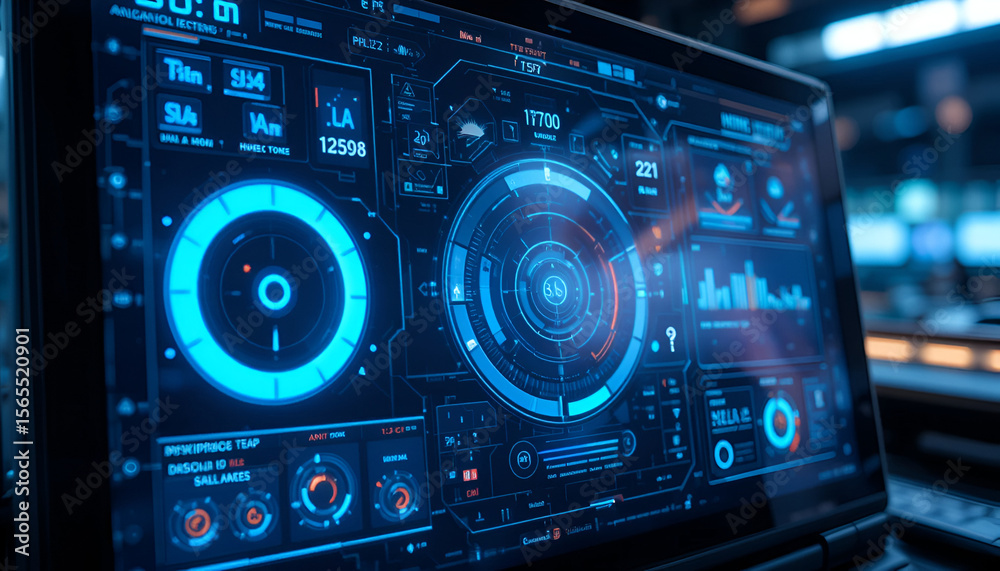 Poster futuristic interface display featuring complex data visualizations and glowing blue elements, perfec