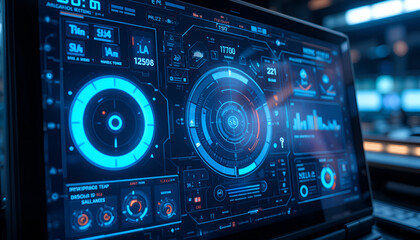 Futuristic interface display featuring complex data visualizations and glowing blue elements, perfect for tech and sci-fi themed projects.