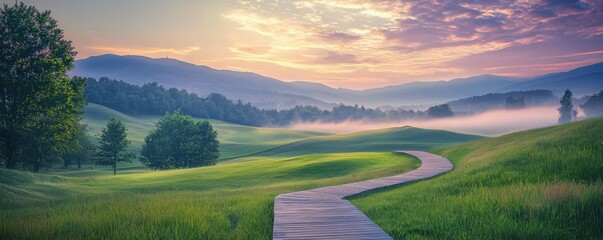 A winding wooden pathway meanders through lush green fields under a colorful sunrise sky with mist settling among distant trees and hills.