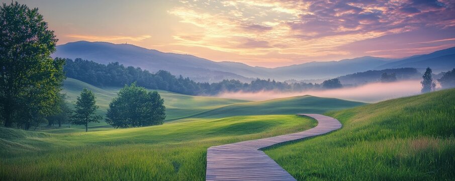 A winding wooden pathway meanders through lush green fields under a colorful sunrise sky with mist settling among distant trees and hills.