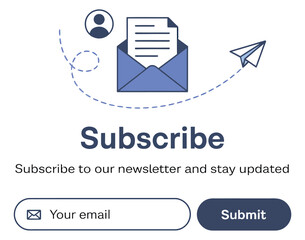 subscribe to newsletter concept with email icon, paper plane, and submit button for staying updated on latest news and information