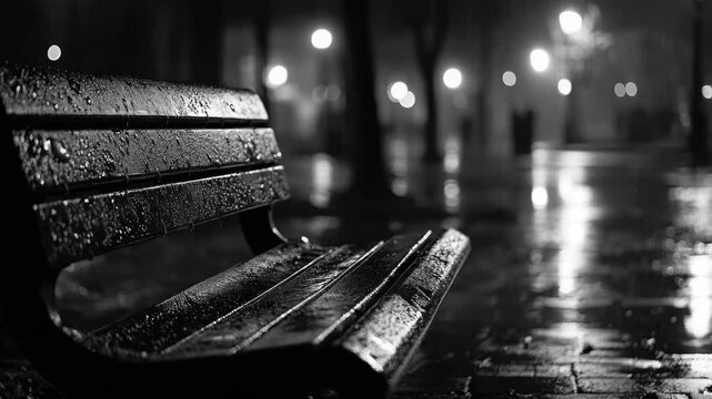A solitary park bench on a rainy night with a wet, gleaming surface.