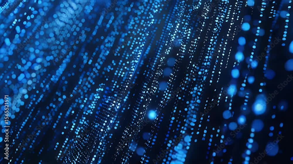 Poster abstract blue digital data stream flowing downwards with bokeh effect and particles, creating a futu
