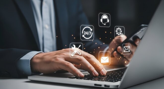 A business professional uses a laptop with customer service icons hovering for support and efficient online workflow management on a computer.