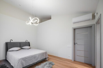 Modern luxury bedroom interior in minimal scandinavian style, 3d render