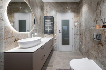 Modern bathroom interior in minimal scandinavian style, 3d render