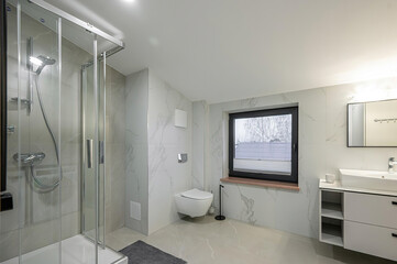 Modern bathroom interior in minimal scandinavian style, 3d render
