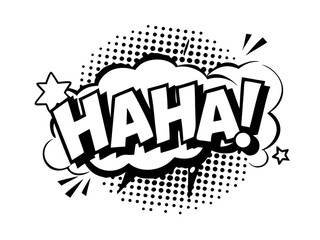 Sound effect bubble with exclamation ‘Haha!’ in retro halftone comic book style
