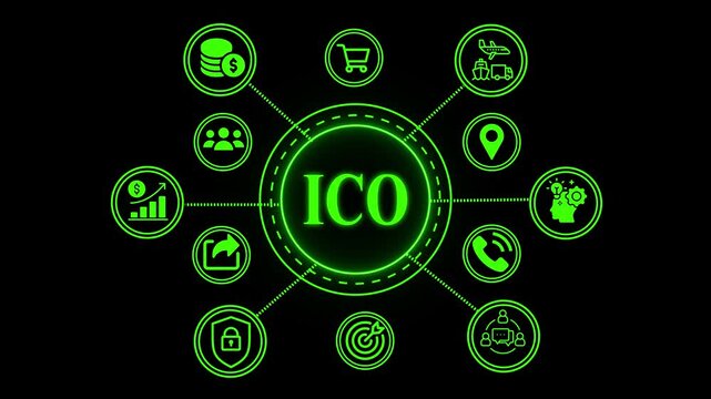ICO Initial Coin Offering. Business, technology, internet and network concept. Digital technology background.businessman clicking digital coin on virtual interface for online finance and investment .