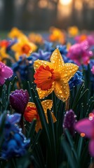 A close-up of vibrant spring wildflowers in a meadow--bright yellow daffodils, purple crocuses