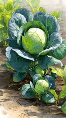 Cabbage plant growing amid verdant vegetable garden, lush green leaves spreading against sunlit summer landscape