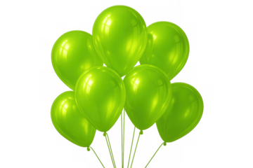 Glossy emerald balloons clustered together, floating weightlessly against pure white backdrop, symbolizing joy and celebration