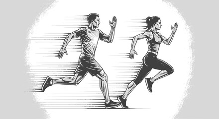 Fototapeta premium Running man and woman, isolated vector silhouettes. Run, side view. Silhouettes of athletic looking male and female runners running. Transparent PNG version.