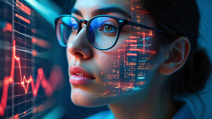 A close-up portrait of a woman wearing glasses, with a futuristic cityscape and financial charts reflected in the lenses, symbolizing technology and data analysis.