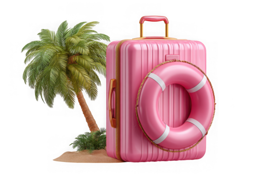 Pink suitcase with lifebuoy and palm tree on sandy island isolated on transparent background