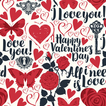 Fototapeta Hand drawn seamless pattern with hearts, butterflies, roses, keys, keyholes and inscriptions of love and Valentine's Day. Greeting card, invitation, wrapping paper, packaging, candy. No AI used