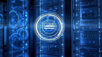 Blue server room data center concept with digital graph loading circle background - Powered by Adobe