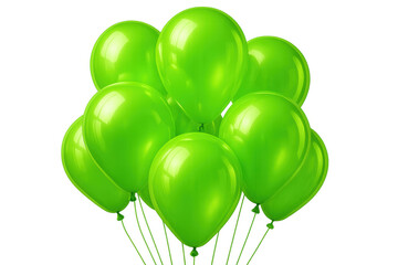 Green balloons hovering, suspended by strings, generating celebratory mood against transparent backdrop