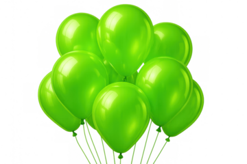 Green balloons hovering, suspended by strings, generating celebratory mood against transparent backdrop