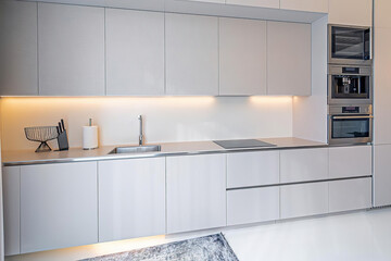 Modern luxury kitchen interior in minimal scandinavian style, 3d render