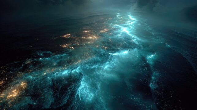 Top down Satellite view of a deep ocean trench glowing bioluminescent creatures in the abyss - Powered by Adobe