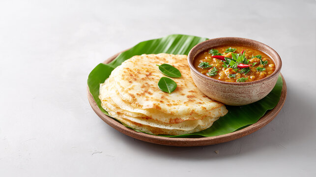 Savory Delight: A mouthwatering culinary composition, featuring fluffy parotta and a rich curry served on a rustic plate with banana leaf