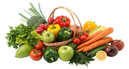 Colorful basket filled with fresh assorted fruits and vegetables on white background display
